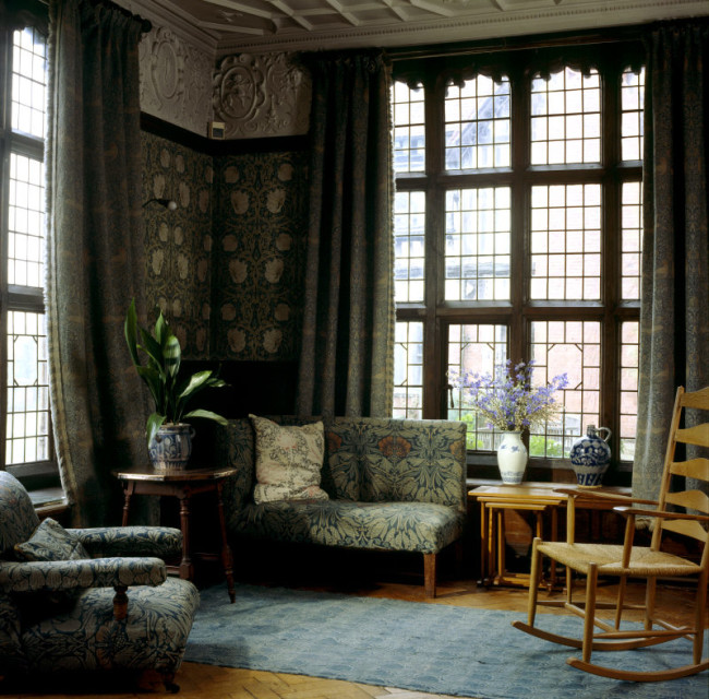 Corner view of the Billiard Room at Wightwick Manor showing "Pimpernel" Morris wallpaper
